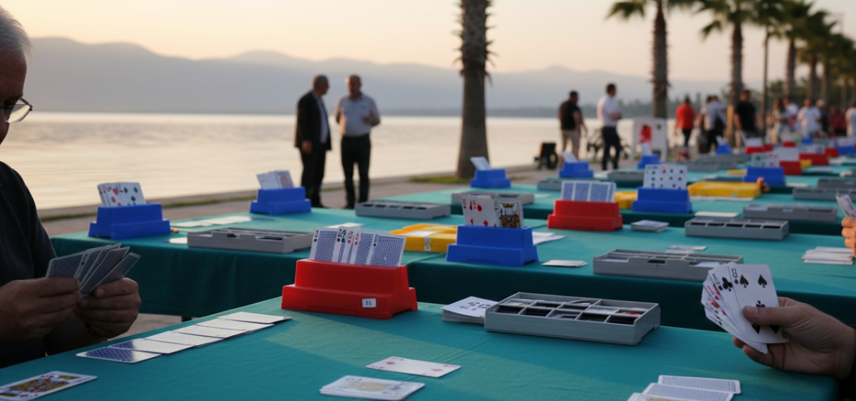 Köyceğiz sahilinde açık havada briç masaları ve göl manzarası (festival)